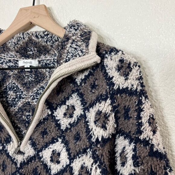 Madewell Popover Sweater Fuzzy Teddy Bear Style Fleece 1/4 Zip Diamond Print M - Picture 6 of 15